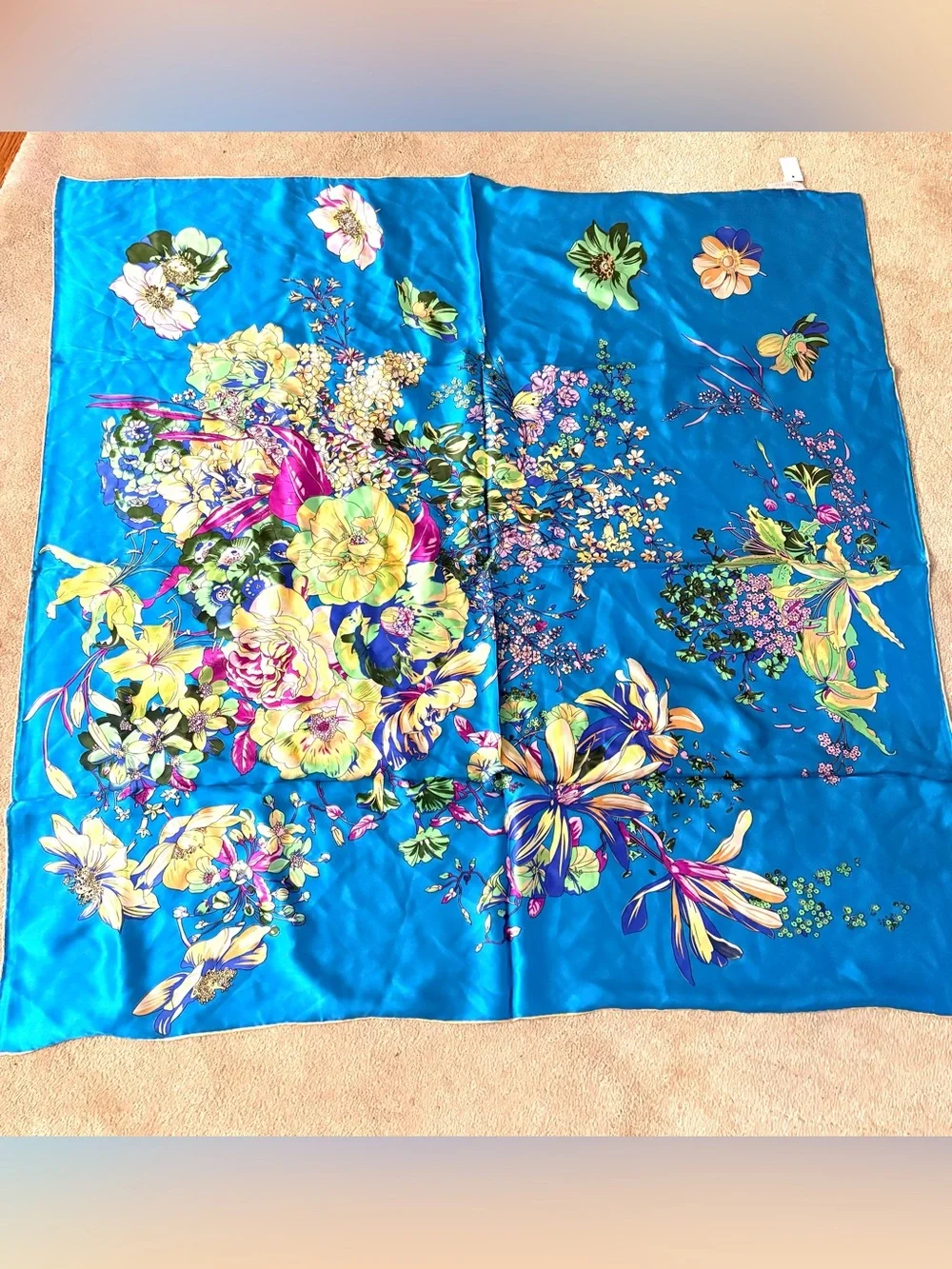 Blue Floral Satin Silk Scarf - Elegant Women's Wrap